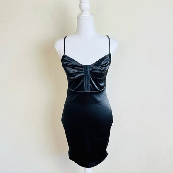NWOT Black Satin Hook & Eye Corset Ruched Mini Dress - Picture 1 of 10